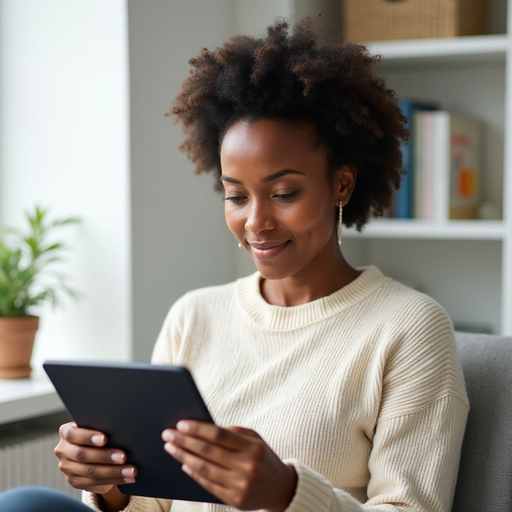 Donna di circa 35 anni che legge con attenzione su tablet in ambiente luminoso minimalista, espressione concentrata e serena, luce naturale diffusa